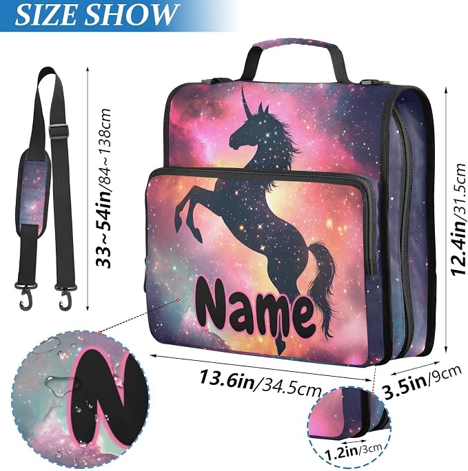 Custom Unicorn Galaxy Sky 3 Ring Binder Bag 1.5 inch Personalized Name Binder Organizer 500 Sheet Documents Storage for School Office
