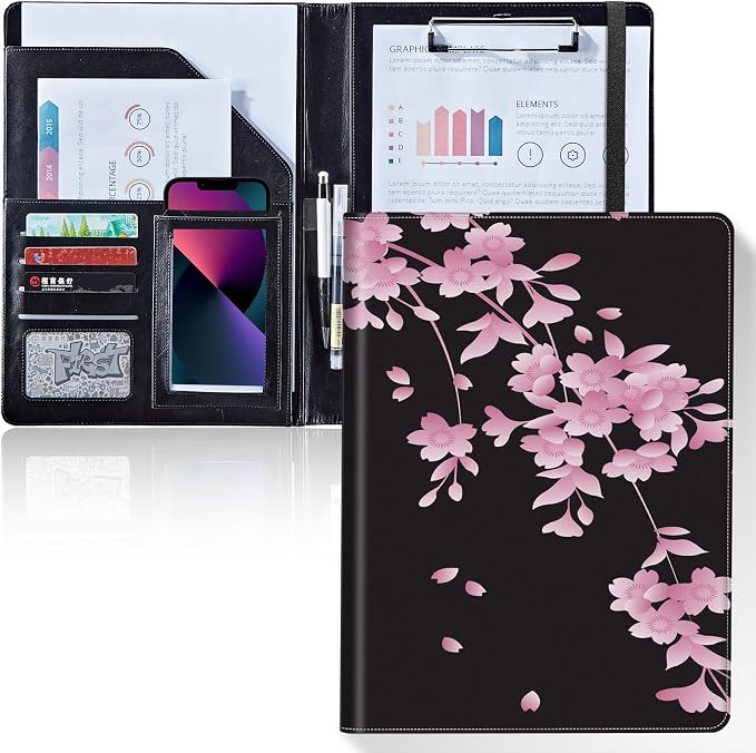 Padfolio/Portfolio Folder Clipboard,Padfolio Clipboard,Writing Portfolio Leather with Cover for Card Holder Slot Letter Size A4 for Office Conference Notepad Clip Boards,Cherry Blossoms