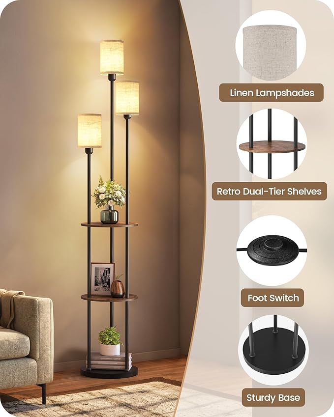 70.9" Floor Lamp with Shelves, Modern Floor Lamp with 3 Linen Shades and Foot Switch, 3-Light Standing Lamp, for Living Room, Bedroom, Study, Office, Rustic Brown and Beige EF53LD05