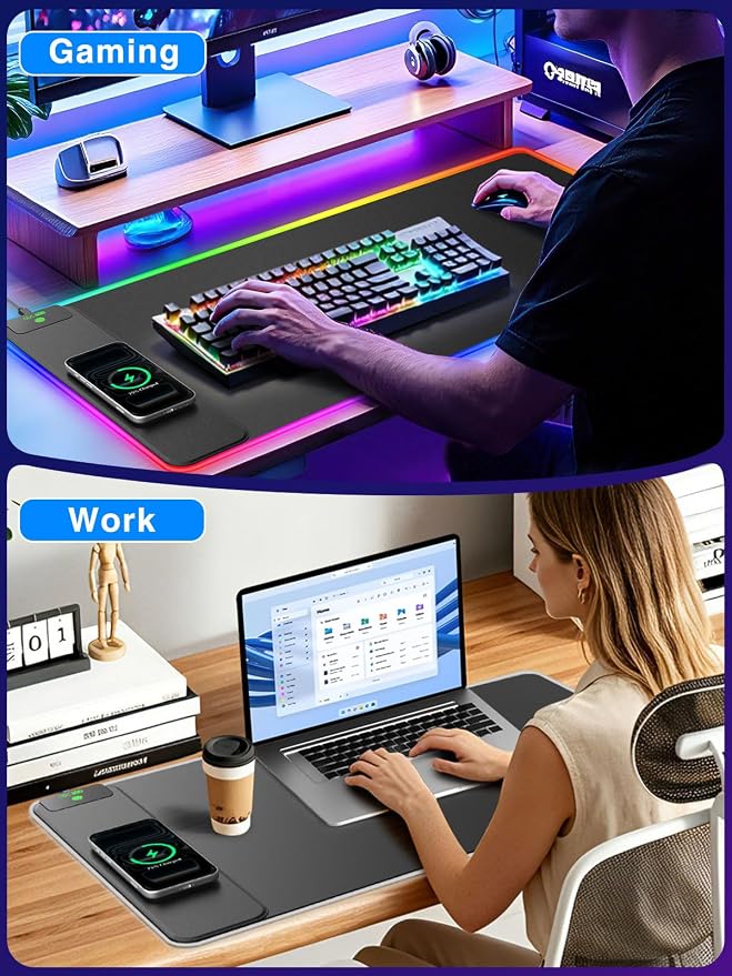 RGB Gaming Mouse Pad with 15W Magnetic Wireless Charging, 31.5'' x 15.8'' | 24 Lighting Effects Desk Mat LED Mousepad with Non-Slip Rubber Base, Light up Your Desk, Waterproof Ultra-Smooth Surface