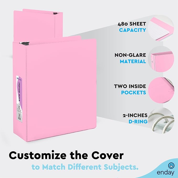 Enday 2 inch 3 Ring Binder (6 Pack - Assorted Colors) Binder 2 inch with Clear View Cover and 2 Inside Pocket - for Letter Size 8.5 x 11'' Paper, Ideal for School Supplies, Office, and Home