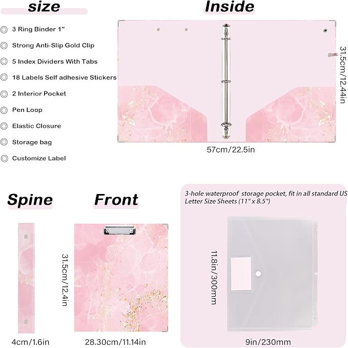3 Ring Binder 1 inch with Clipboard - Pink & Gold Marble Design, Includes Dividers, File Bag & Spine Label - Stylish and Durable for Everyday Use, Holographic Waterproof Film