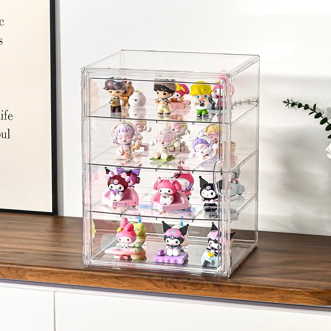 2 Pack 4 Tier Display Case for Collectibles,Clear Display Box with 3 Movable Plates ,Storage Container with Magnetic Door (XXL-4 Tier-2 Pack)