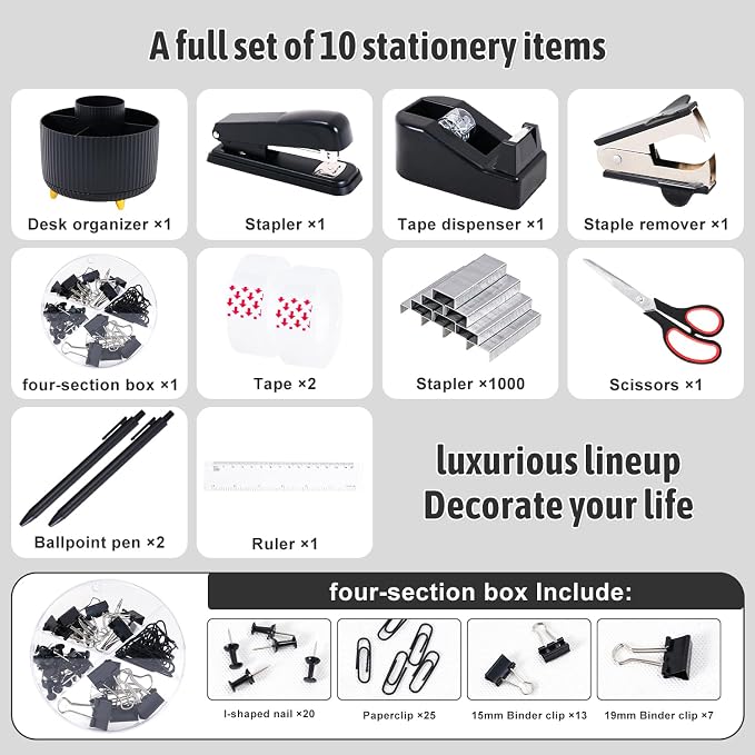 Gawsey Black Desk Organizers and Accessories with Desk Organizer 360° Rotating Pen Holder and Office Supplies, Cute Stationery Supplies Set