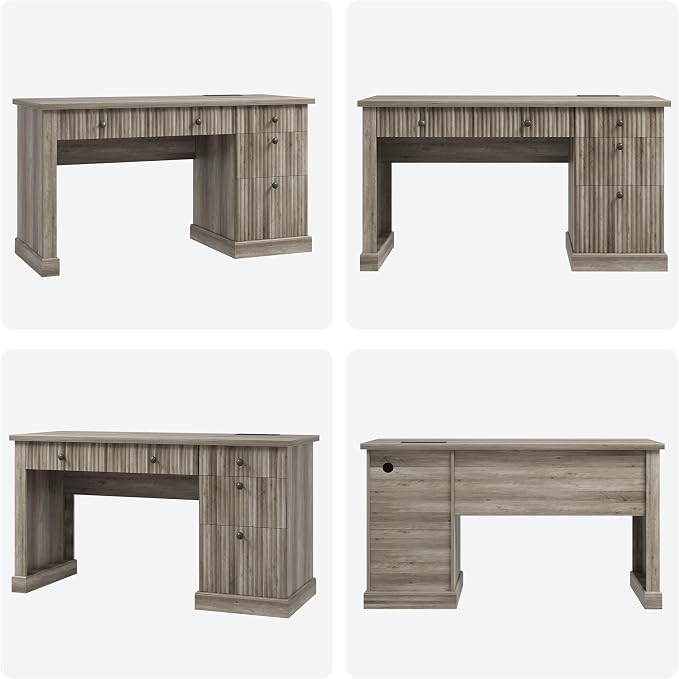 IDEALHOUSE Modern 54" Executive Office Desk with Fluted Details & Charging Station - Wooden Computer Desk with File Drawers, Home Office Storage Desk for Study, Living Room or Bedroom, Rustic Gray