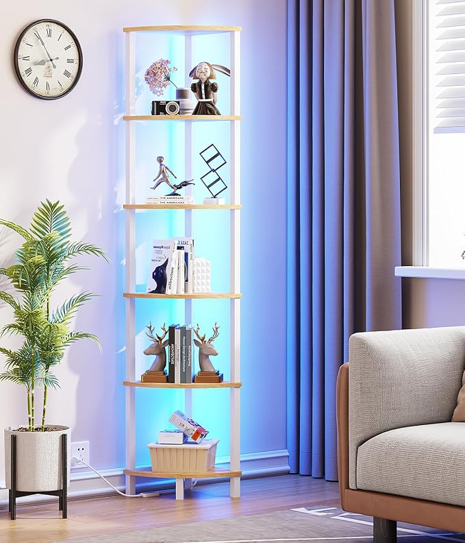 VIMBER 6-Tier Corner Shelf with LED Light, Industrial Corner Ladder Shelf, Rustic Display Shelf for Living Room, Bedroom, Kitchen, Home Office, Sturdy Frame, White and Nature Wood Color UJSJ002Q