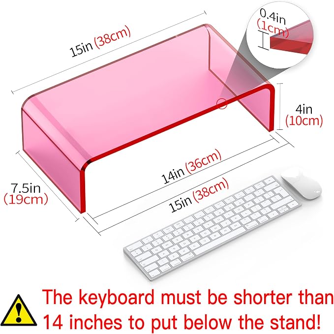 Acrylic Monitor Stand Riser Pink Laptop Stand Riser L15 xW7.5 xH4 | PC Holder,Compatible with All Notebooks and Monitor, Decoration for Office & Home,Pink Aesthetic Design,Office Supplies