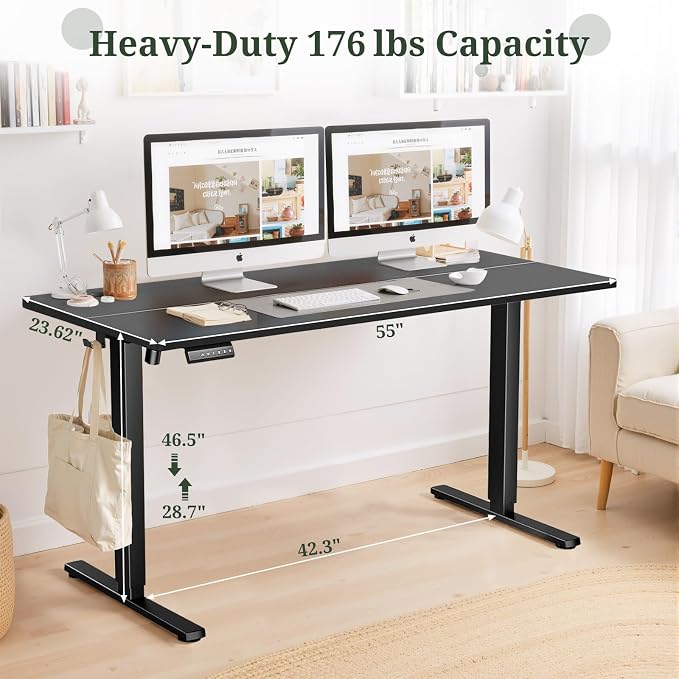 55 x 24 in Electric Standing Desk - Memory Height Adjustable | Ergonomic Sit-to-Stand Rising Computer Table Gaming Workstations with 2 Hooks and Wire Hole for Home Office, Black