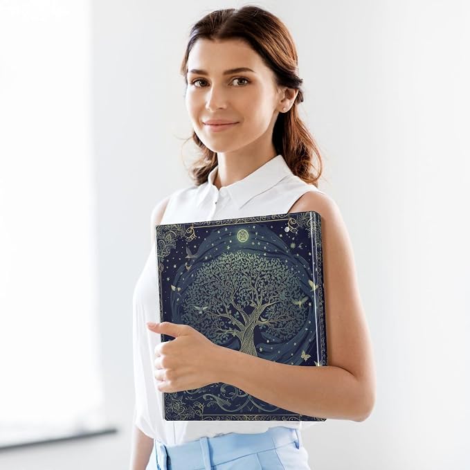 3 Ring Binder 1.5 in Recipe Binders 1 Pcs Tree of Life | Decorative Client Records with Clip 3 Clear Interior Pockets for 200 Sheets Letter-Size(11" x 8.5") Paper PVC Cover Folder