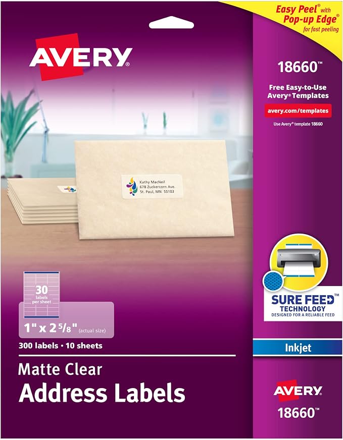 Avery Matte Clear Address Labels, Sure Feed Technology, Inkjet, 1" x 2-5/8", 1500 Labels (5 Packs of 18660)