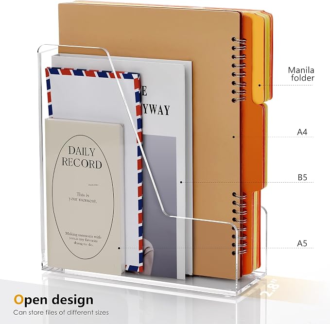 SANRUI 4 Pack Clear Acrylic Vertical File Organizer, Desk Organizer and Storage Bins Holding for Magazines, Binders, Notebooks, Envelopes, Multi-purpose Document Organizer for Home Office