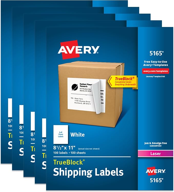 Avery Full-Sheet Printable Shipping Labels, 8.5" x 11" Customizable Stickers, White, 500 Blank Mailing Labels, Great for Mailing, Shipping, Organizing, and More (5-Pack of 5165)