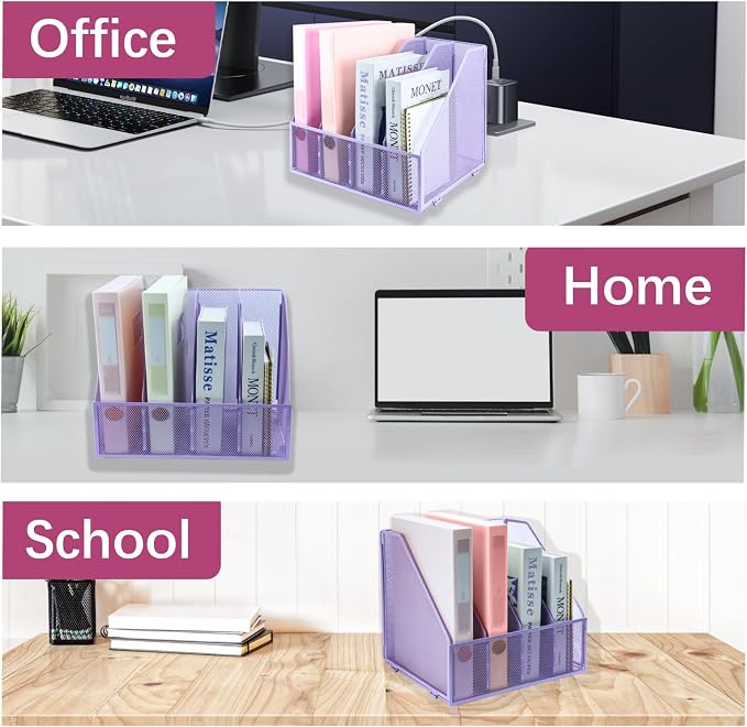 Desk Organizers, Metal Magazine File Holder with 4 Vertical Compartments Rack Binder File Organizer for Office Supplies, Home Workspace - Purple
