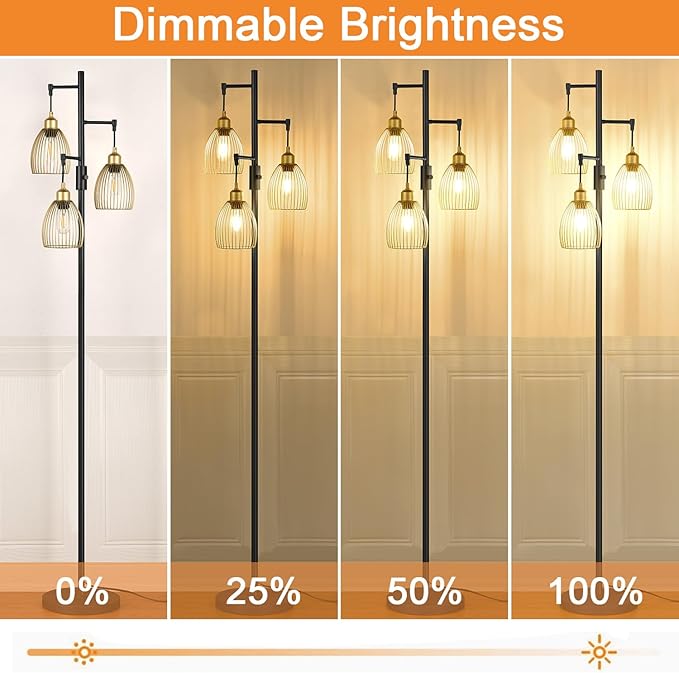 Dimmable Floor Lamp, Industrial Floor Lamps for Living Room, Gold and Black Tree Lamp Standing Lamp Tall Lamps with 3 Elegant Teardrop Cage Head & 800 Lumens LED Bulbs for Living room Bedroom Office