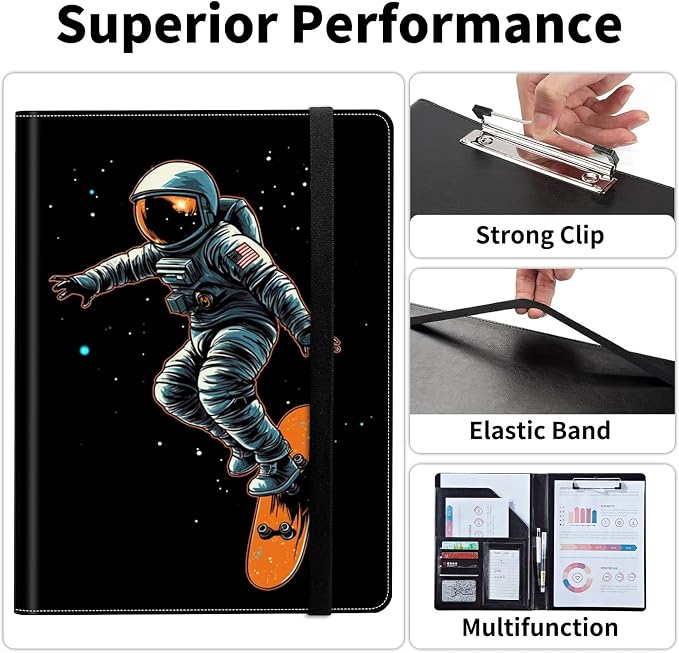 Padfolio/Portfolio Folder Clipboard,Padfolio Clipboard,Writing Portfolio Leather with Cover for Card Holder Slot Letter Size A4 for Office Conference Notepad Clip Boards,Astronaut Skateboard