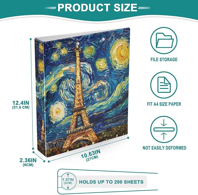 JIPONI 3 Ring Binder Paris Skyline by Van Gogh 1 Inch Round Binders for Men Women Students, Cute File Organizer for Office Home School