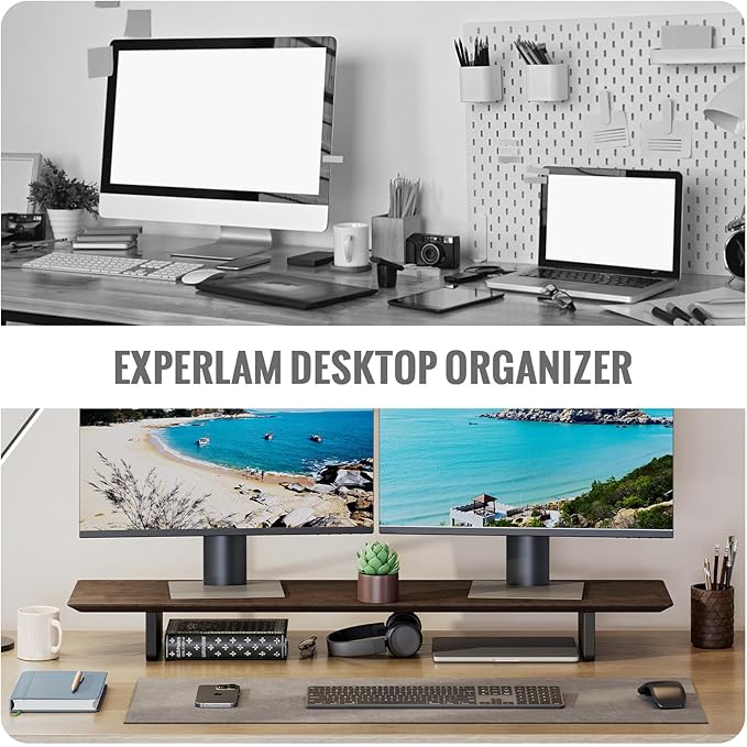 EXPERLAM Solid Wood Dual Monitor Stand Riser, 43 Inch Rubberwood Desk Shelf for Top of Desk, Wood Monitor Stand for Desk 2 Monitors up to 27", Desktop Organizer for Laptop, TV, Printer