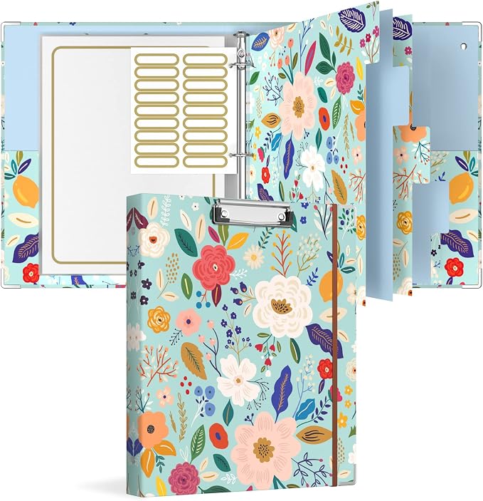 Rouidr 3 Ring Binder with clipboard, 1 inch 8.5 x 11 in Letter Size View Binders Organizer with Dividers Tabs & Clear Sleeves, School Supplies, Office Supplies, Green Flower
