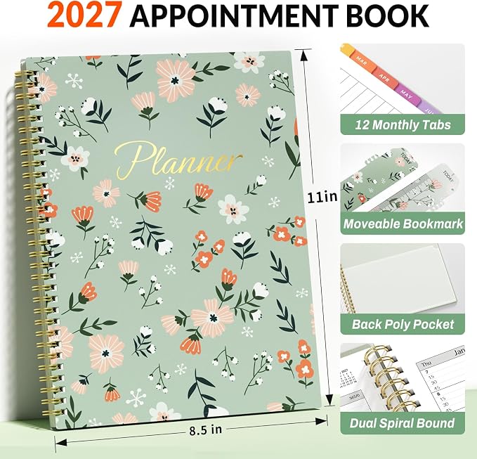 SUNEE 2027 Appointment Book, Quarter-Hourly, Weekly Monthly Planner, 8.5"x11",Green Wildflower