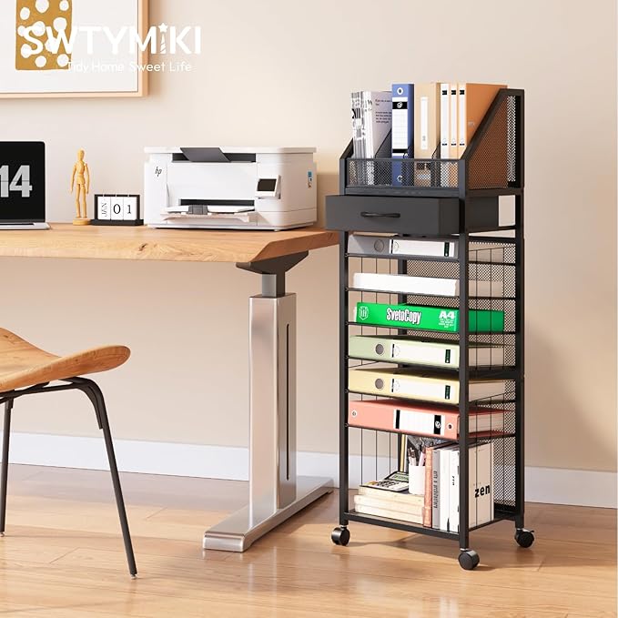 SWTYMIKI 9-Tier Rolling File Cart - Paper Organizer with Drawer and Trays, Wood Desk Office Organizer, Office Organization and Binder Storage for Workspace, Home, School, Black