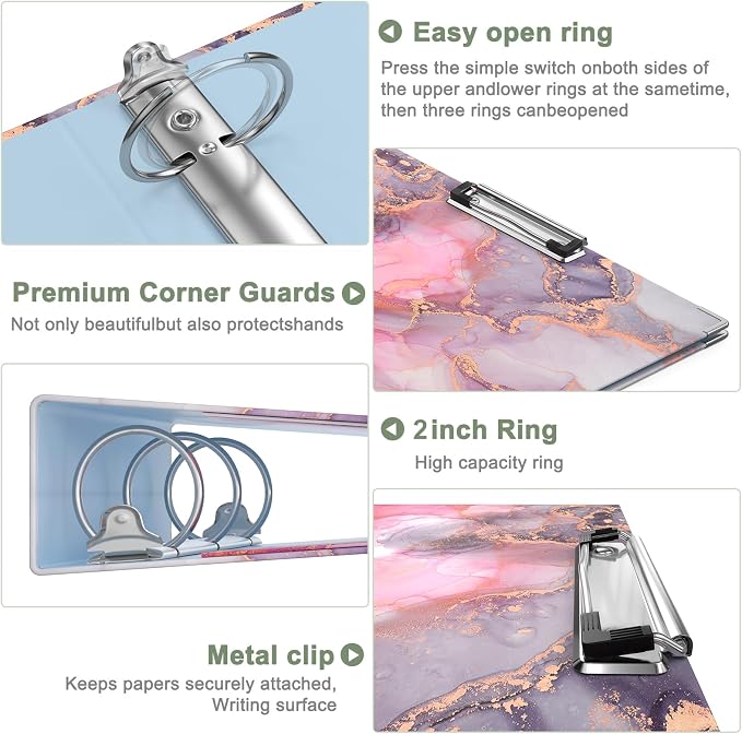 Rouidr 3 Ring Binder, 2 Inch Round Ring Binder Organizer with Clipboard, 5 Dividers Tabs, A4 8.5 x 11 Inch Paper & Clear Sleeves for School, Office Supplies, Red Marble