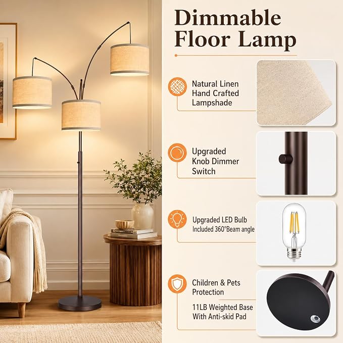 Dimmable Floor Lamp - 3 Lights Arc Floor Lamps for Living Room, 1000LM Modern Tall Standing Lamp With Beige Shades, Mid Century Tree Floor Lamp for Bedroom Office, 3 LED Bulbs Included - Brown