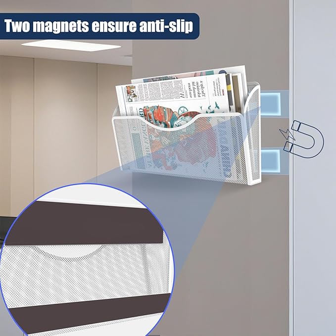 3 Pcs Magnetic File Holder for File Cabinets, Folder Holder Organizer- No Drilling Paper Document Holder, Large Capacity Office Hanging Magazine Rack for Refrigerator, Whiteboard, Office, Kitchen