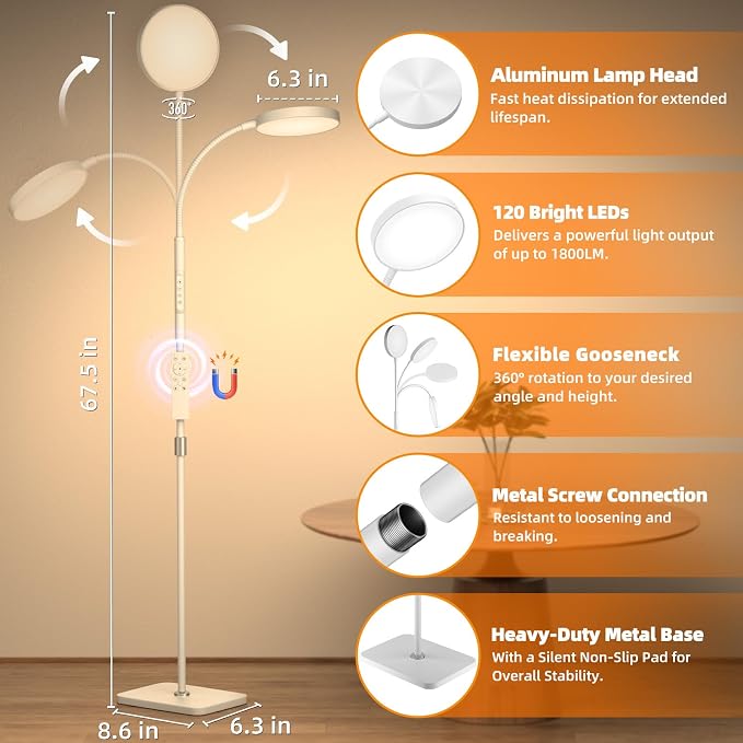 PACOVY Floor Lamp, Adjustable Height Floor Lamps for Living Room Bedroom, 252 LED Super Bright Standing Lamp Remote Control, Dimmable Gooseneck Tall Stand Reading Lamp Light for Office Craft, White