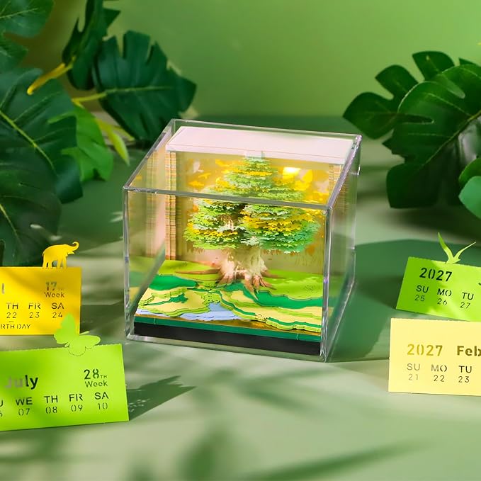 3D Time Piece Calendar, 2027 Desk Calendar With LED Light, 3d Tree Memo Pad Creative Desk Calendar, Christmas Gift for Colleague Friend, Desktop Decoration(Lucky tree)