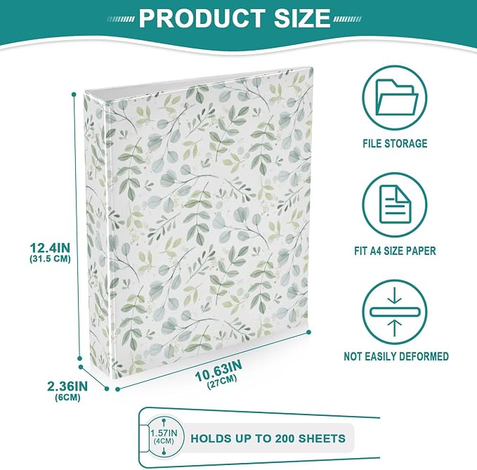 Leaves Round Ring Binders 1.5 Inch Plant 3 Ring Clipboard Binder for Office School Work Supplies Document 200 Sheet Capacity Easy Open 2 Pieces