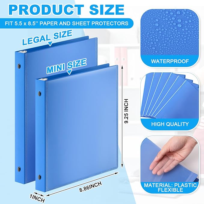 Henoyso 1 Inch 6 Pack Mini Clear View 3 Ring Binders for 5.5"x8.5",Blue | Holds 240 Sheets, Clear Front Covers, Flexible Plastic Binder Bulk, Three Round Rings, School Office Report Filing, Planners