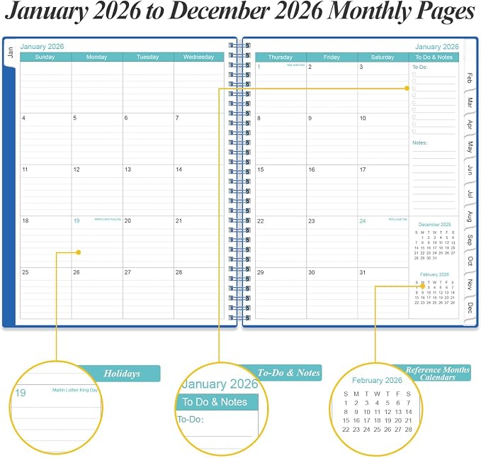 Daily Planner 2026 Full Page Per Day- 2026 Daily & Monthly Planner from January 2026 to December 2026, Day Planner 2026 with 12 Months Tabs, 8.5" x 11", Blue