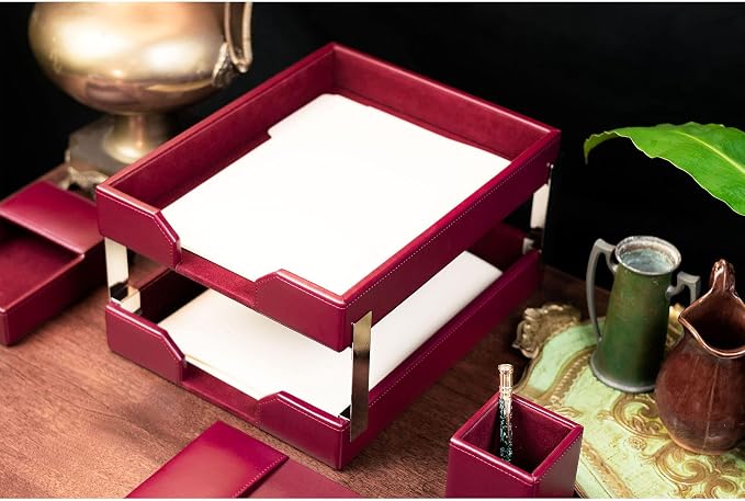 Dacasso Burgundy Bonded Leather Luxury 8-Piece Desk Accessory Set - Blotter Pad & Desk Organization Essentials - Executive Decor and Surface Protector