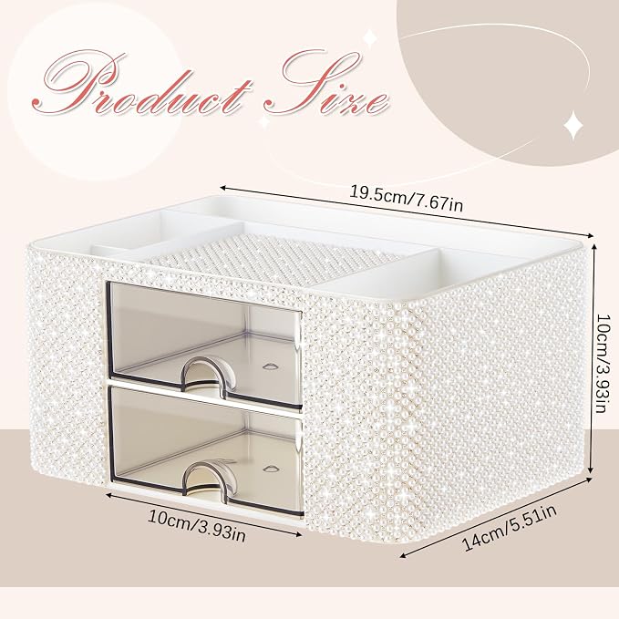 MotiMind White Bling Desk Organizer with 2 Drawer, Sparkly Makeup Organizer for Vanity, Girly Desk Accessories, Rhinestone Pen Holder, Elevate Your Workspace with White Serenity (Pearl)