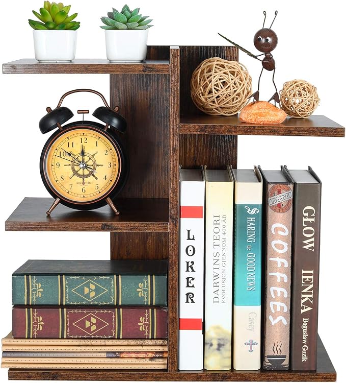 Wood Desktop Shelf Small Bookshelf Desk Supplies Organizers and Accessories Storage Display Rack Office Decor for Women, Antique Brown