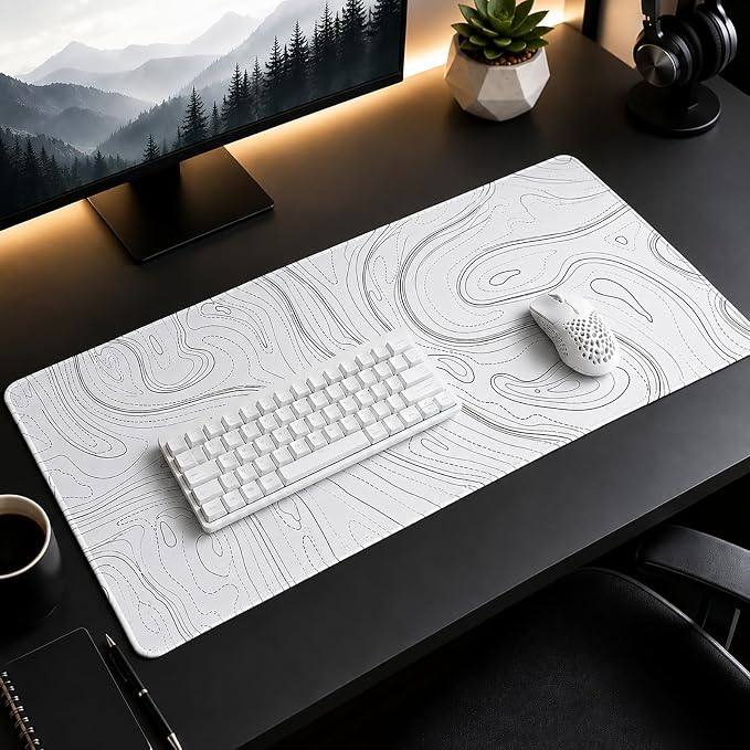 Large Extended Gaming Mouse Pad XXL 35.4x15.7 Inch, White Topographic | White Topographic Desk Mat with Waterproof Non Slip Rubber Base, XXL Keyboard Mouse Pad for Computer, Laptop, Office & Gaming