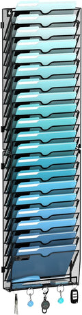 21-Tier Wall File Organizer and Mail Organizer with 5 Hooks, Black | Label slots, curved openings, 5 key hooks, and a bottom tray support organized mail, file, and everyday item storage.