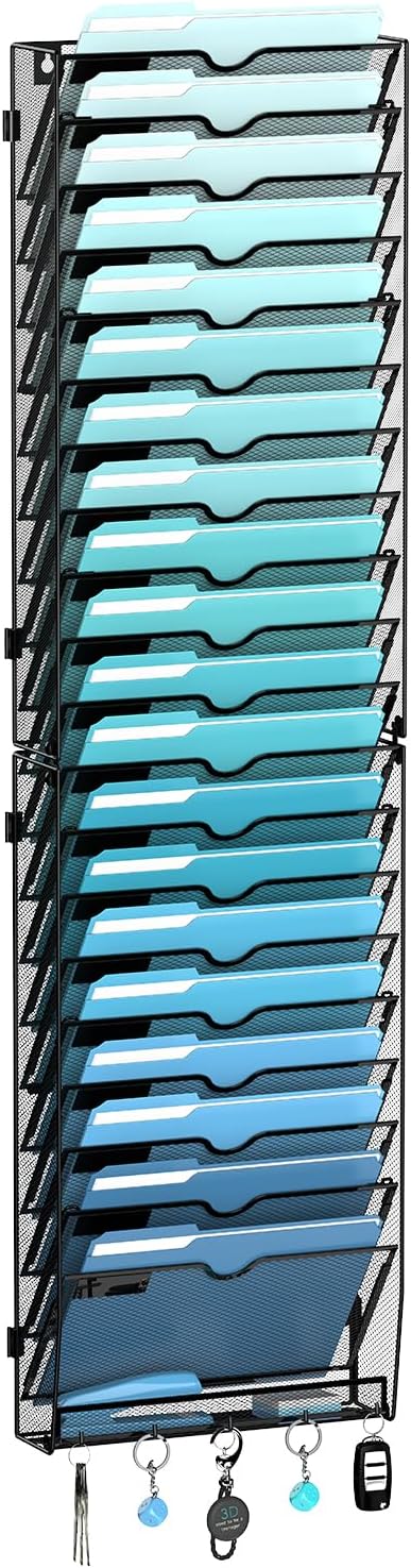 21-Tier Wall File Organizer and Mail Organizer with 5 Hooks, Black | Label slots, curved openings, 5 key hooks, and a bottom tray support organized mail, file, and everyday item storage.
