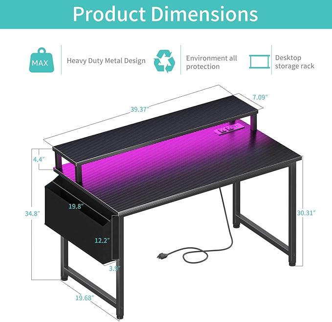 Lufeiya Gaming Desk with Power Outlets and LED Lights, 40 Inch Gamer Desk Table with Charging Station, Home Office Computer Desks with Monitor, Black