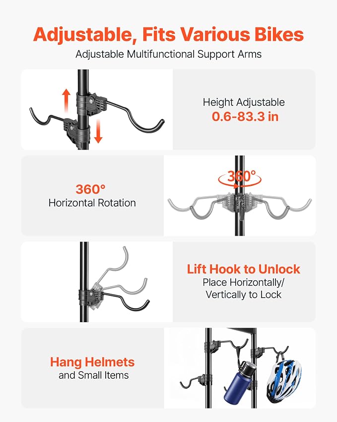 VEVOR Bike Stand for 4 Bikes, Freestanding Vertical Bike Storage Rack, with Height-Adjustable Hooks, Heavy-Duty Carbon Steel Garage Bicycle Floor Stand, Ideal for Garage, Apartment, Home, Black