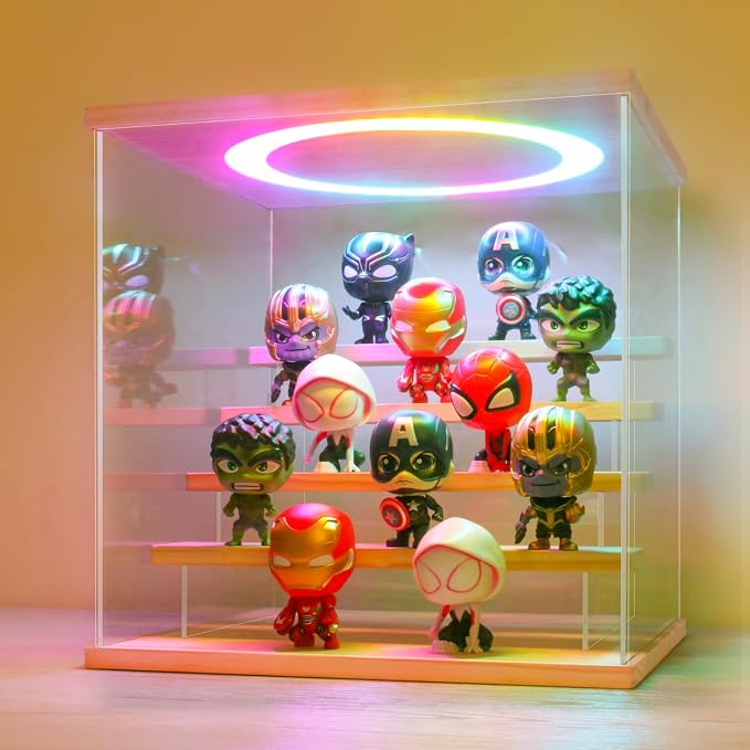 LANSCOERY Acrylic Display Case with RGBW Lights, 5 Tier Wood Finish | 11.8 x 11 x 11.8 in case displays small figures on desks or shelves with tiered rows and front access.