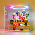 LANSCOERY Acrylic Display Case with RGBW Lights, 5 Tier Wood Finish | 11.8 x 11 x 11.8 in case displays small figures on desks or shelves with tiered rows and front access.