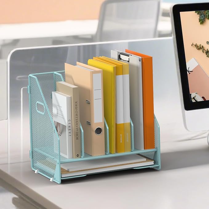 4 Vertical Mesh Desk Organizer with Paper Letter Tray, Blue | Sorting racks with lower letter tray section. Multipurpose mesh desktop space saver for home office and school