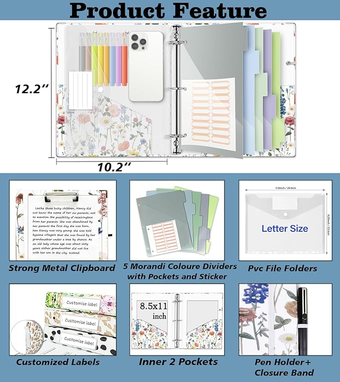 3 Ring Binder 1 Inch, Three Ring Binders Organizer with Clipboard, 5-Tabs Pockets Dividers, Plastic Folder, 18 Divider Stikers, BVSSX Cute Binder with Pen Loop (Blue Bloom, Letter Size)