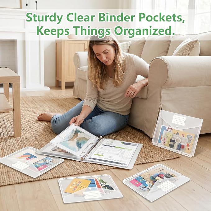 HOUYEE 32 Pack Heavy-Duty Clear Binder Pocket Folders for 2/3/4 Ring Binder | 11 Holes Binder Envelopes with Snap Closure, Plastic Clear Binder Folders for Office, 8 Mil,100 Sheet Capacity, Letter Size
