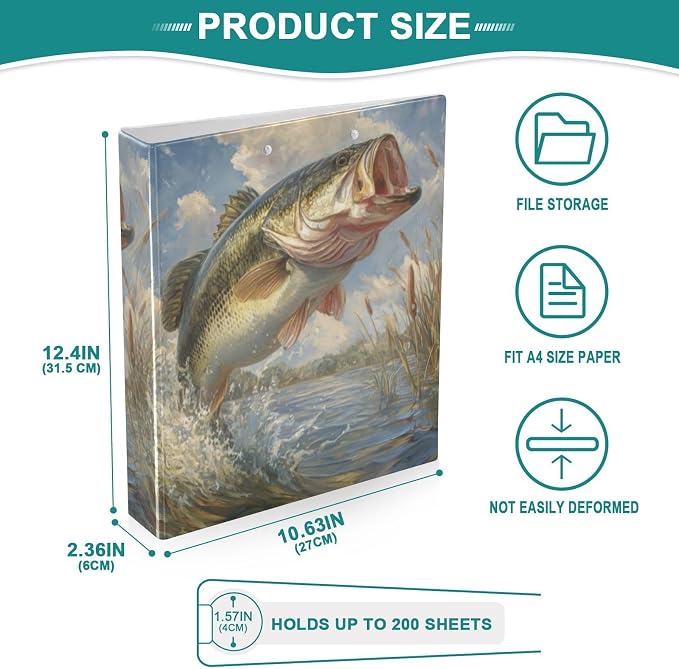 Bass Fish Vintage 3 Ring Binders 1.5 Inch Clear View Three Ring Binders Versatile Binder for Work School Office Supply 1 Pack