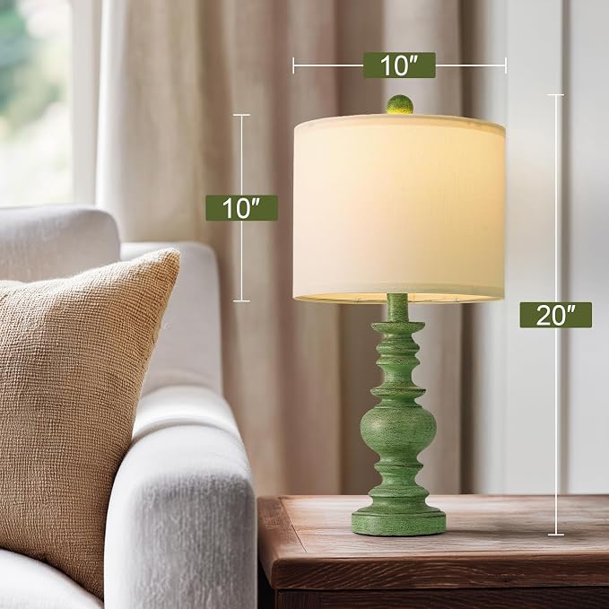 BOBOMOMO 20" Sage Green Table Lamps Set of 2 – Farmhouse Resin Bedside Lamps with Linen Shades, Handcrafted Traditional Rustic Lamp for Bedroom, Living Room, or Corner – Ideal for Small Spaces