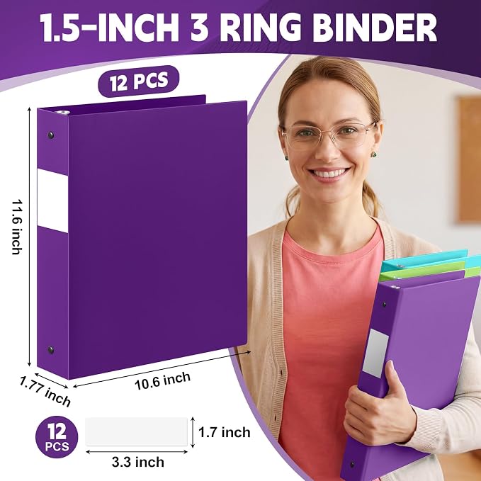 Henoyso 12 Pcs 1.5" 3 Ring Binders, Colored Binders, Pastel | Flexible Soft Binders, for Office School Business, Fits Letter Size 8.5'' x 11'' Paper, Holds 100 Sheets with 2 Pockets