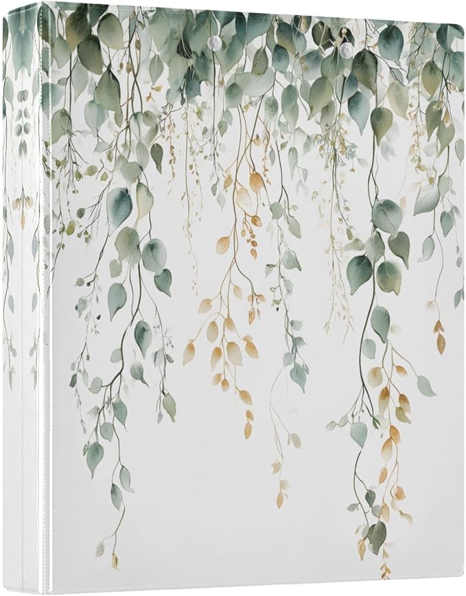 3 Ring Binder Green Sage Leaves 1.5" Round Ring Binders View Binder with 200 Sheet for Women Men Office Kids School Supplies, 1 Pack