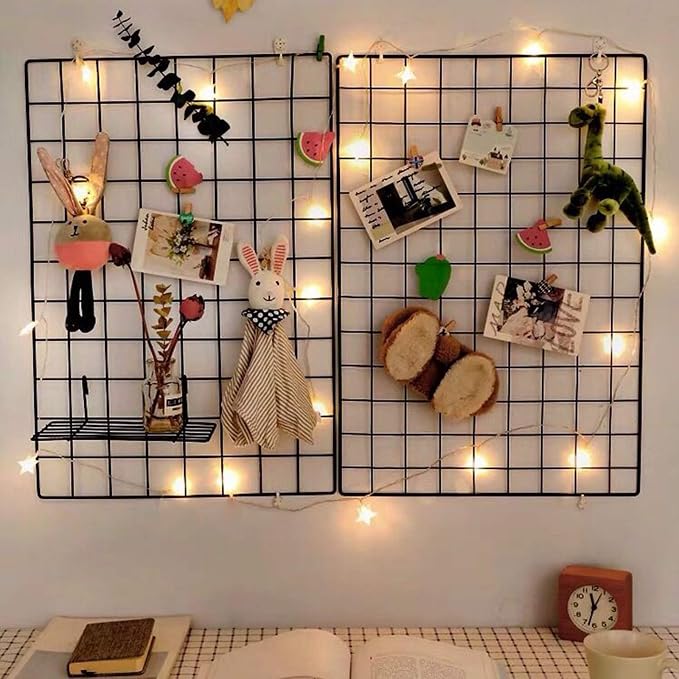 2 Pack Large Wall Grid Panels with Light and Clips, Photo Display Board, Picture Frame Collage Board, Wire Grid Wall Panel Room Decoration,Black | Picture Frames Collage , Wire Grid Wall Panel Room Decoration